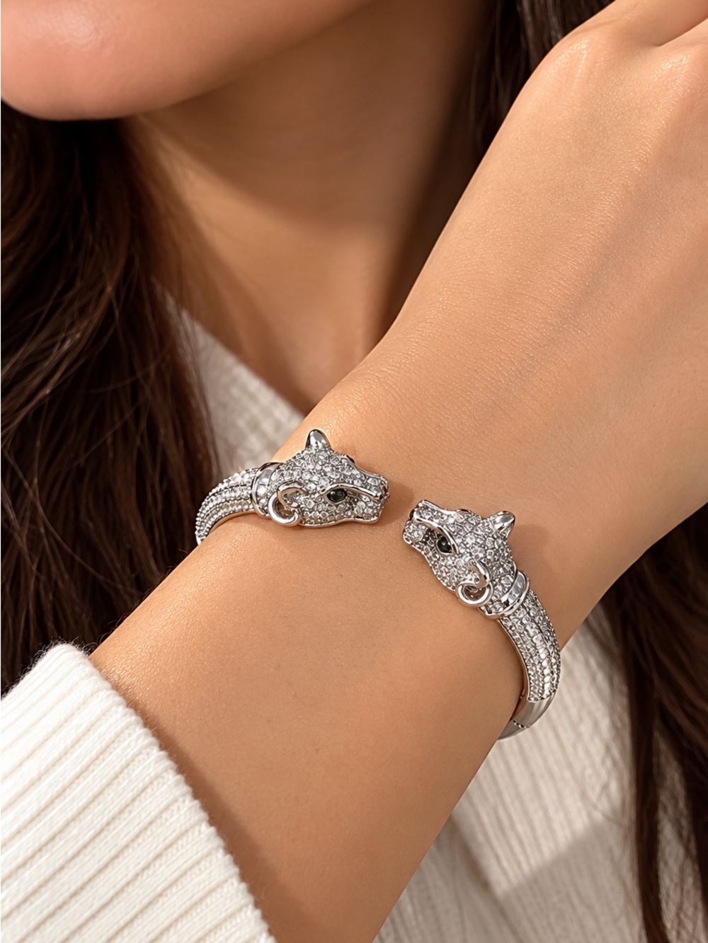 Silver Panther Head Cuff Bracelet/ Fine Silver Plated Open Bangle/ Statement Je